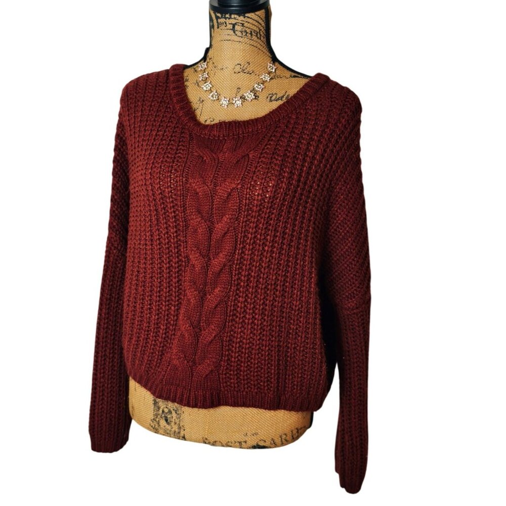 Rue21 Womens M Oversized Sweater Burgundy Cable Knit Lng Slv Chunky Cabincore